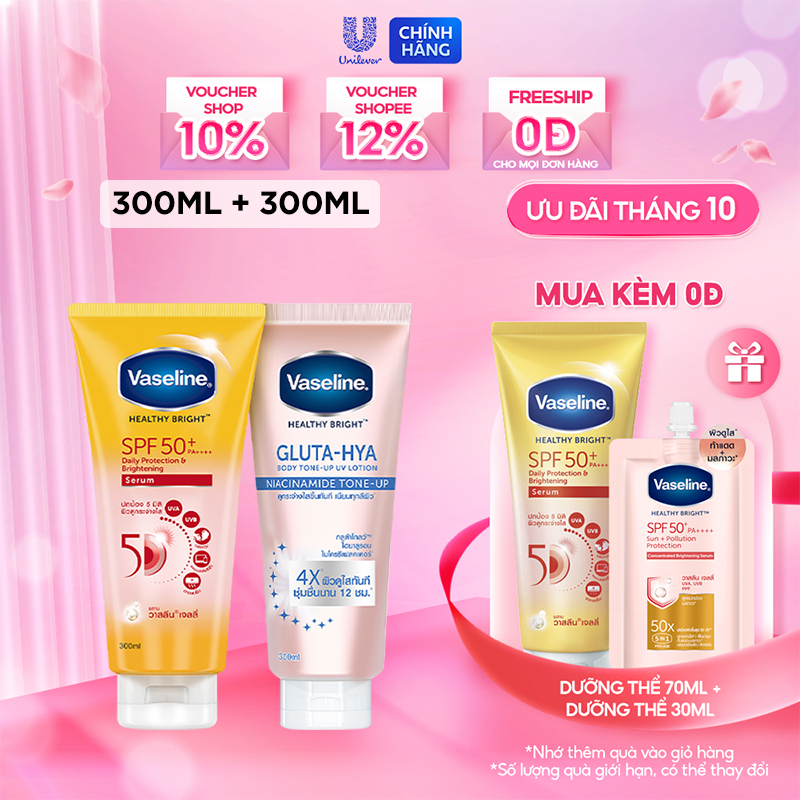 Combo 2 kem dưỡng chống nắng toàn diện Serum Vaseline 50x bảo vệ da với SPF 50+ PA++++ giúp da sáng hơn gấp 2X