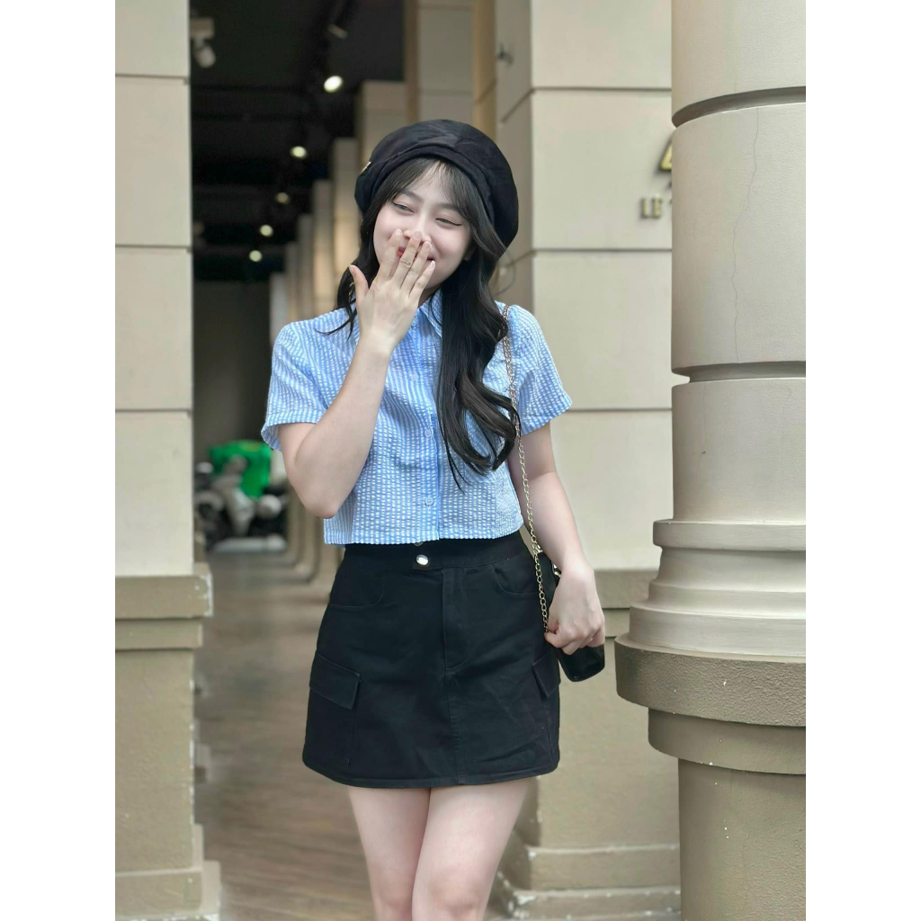 Áo somi croptop caro 1 túi phong cách đơn giản dễ thương CHIBEST DAC74
