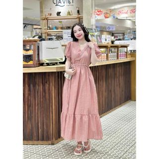 Đầm maxi đuôi cá cổ đắp dây rút eo caro hồng chibest hdc610