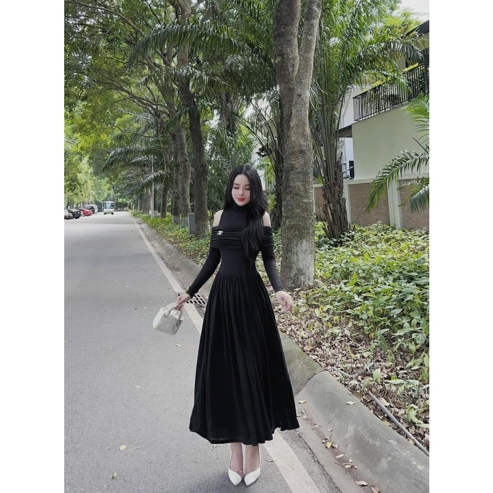 VÁY THUN DIP KHOÉT VAI CỔ 3 PHÂN DÁNG XÒE SIÊU XINH