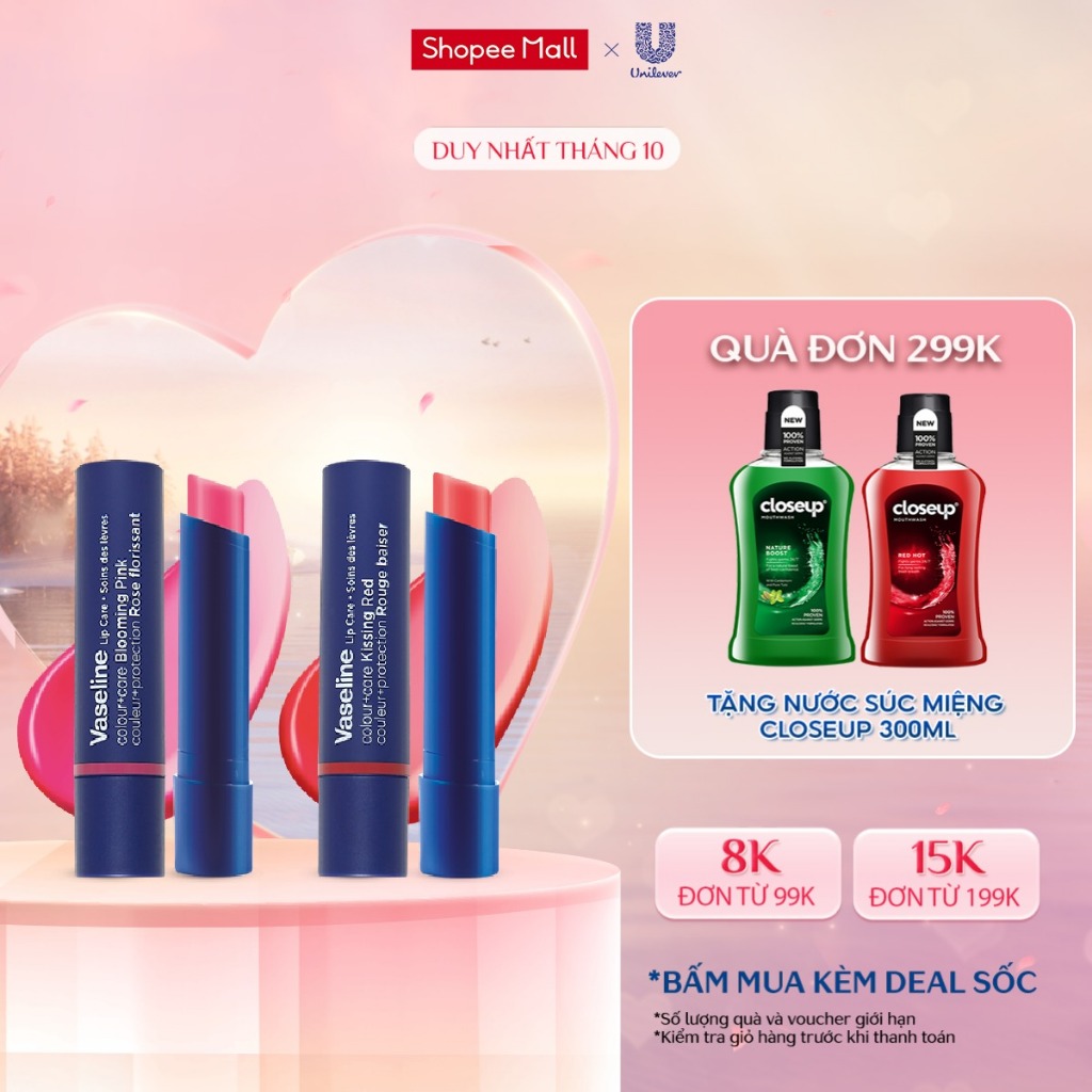 Combo 2 Son dưỡng môi Vaseline Colour+Care Kissing Red & Blooming Pink 3g