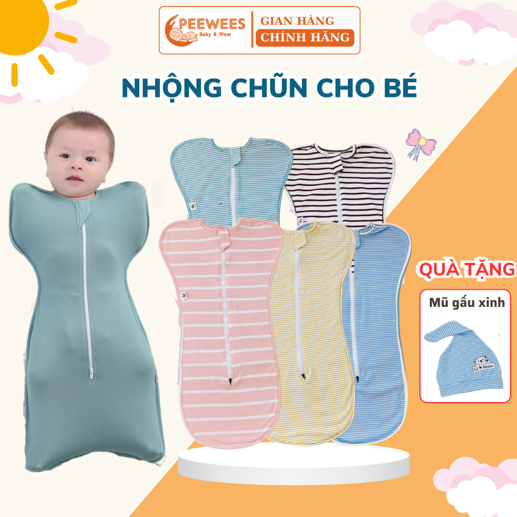 Nhộng Chũn Cho Bé Sơ Sinh PEEWEES Thiết Kế Cao Cấp Kèm Mũ