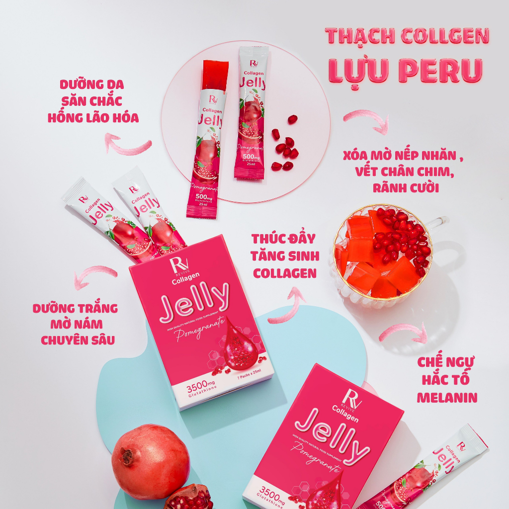 Thạch Collagen Trắng Da Thụy Sĩ, Thạch Lựu Collagen Jelly Pomegranate Dưỡng Trắng Da Toàn Thân Hộp 7 Gói