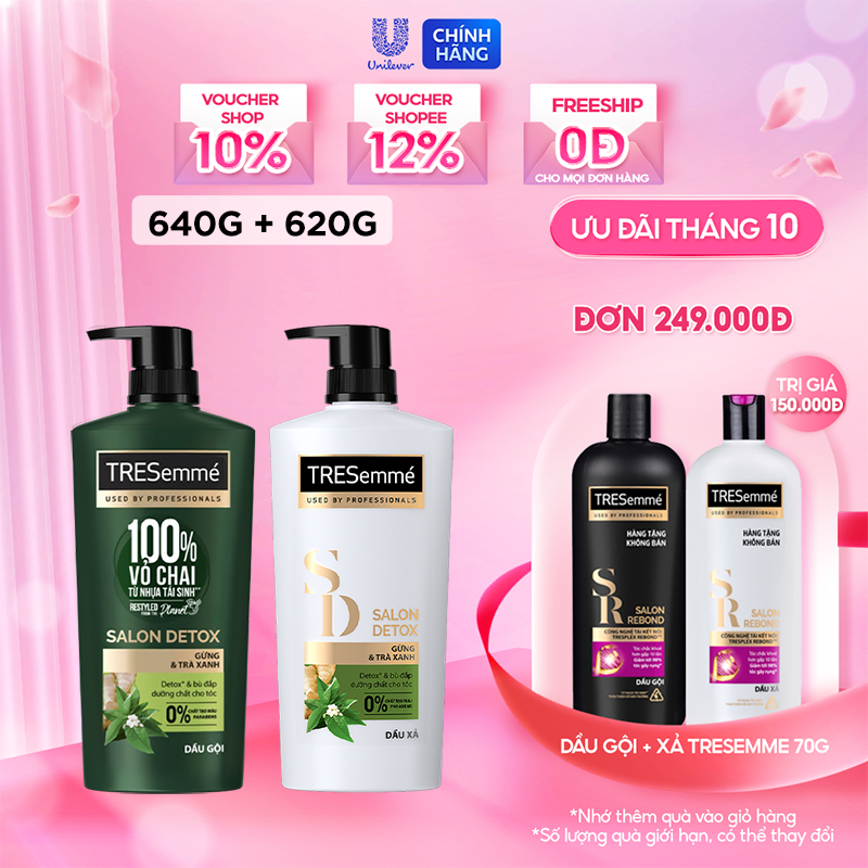 Combo Dầu Gội, Dầu Xả TRESEMME Salon Detox Cho tóc chắc khỏe & sạch sâu cùng Gừng và Trà Xanh Detox 640g, 620g