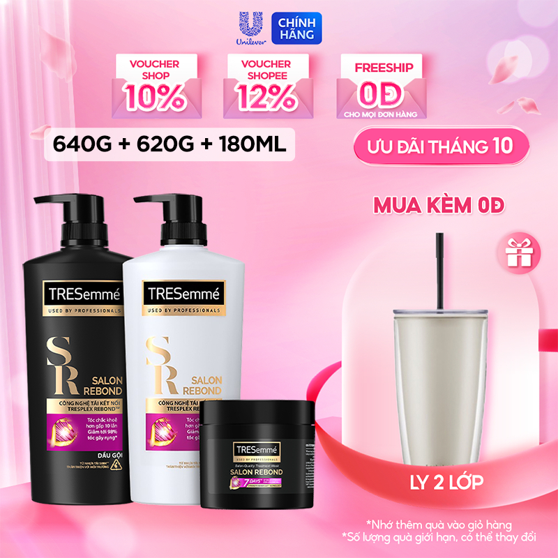 Combo Gội 640g, Xả 620g, Kem Ủ 180g TRESemmé Salon Rebond Cho Tóc Hư Tổn