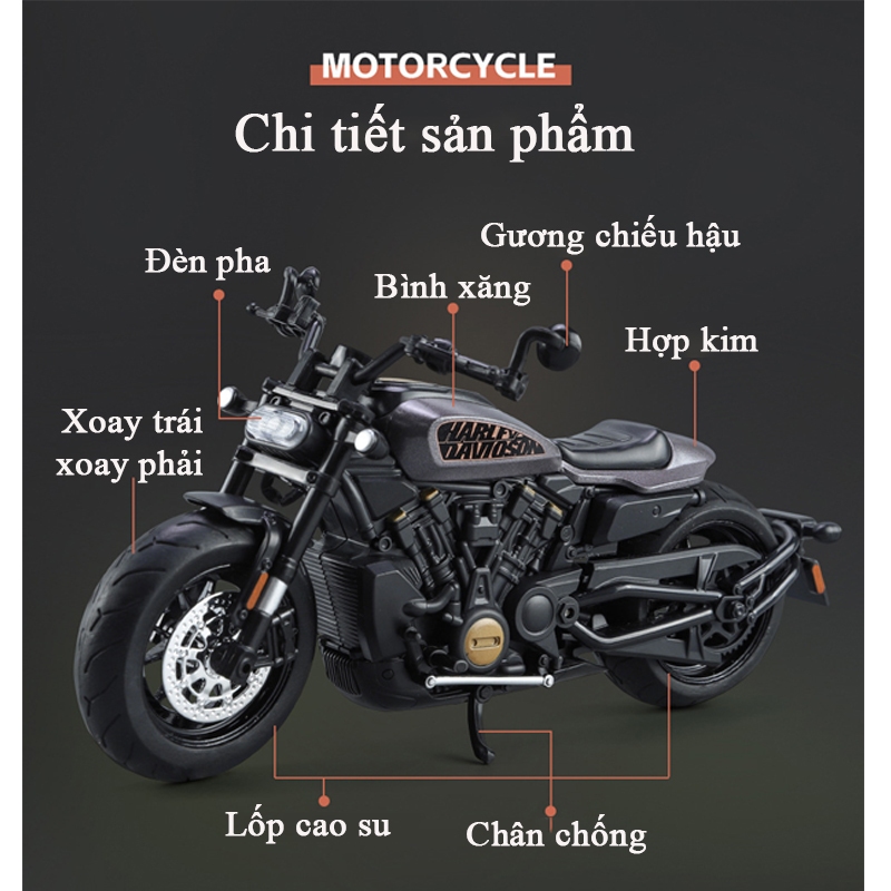 Mô hình xe mô tô Harley Davidson Sprotsters KAVY bằng hợp kim có nhạc và đèn chạy cót tỷ lệ 1:12