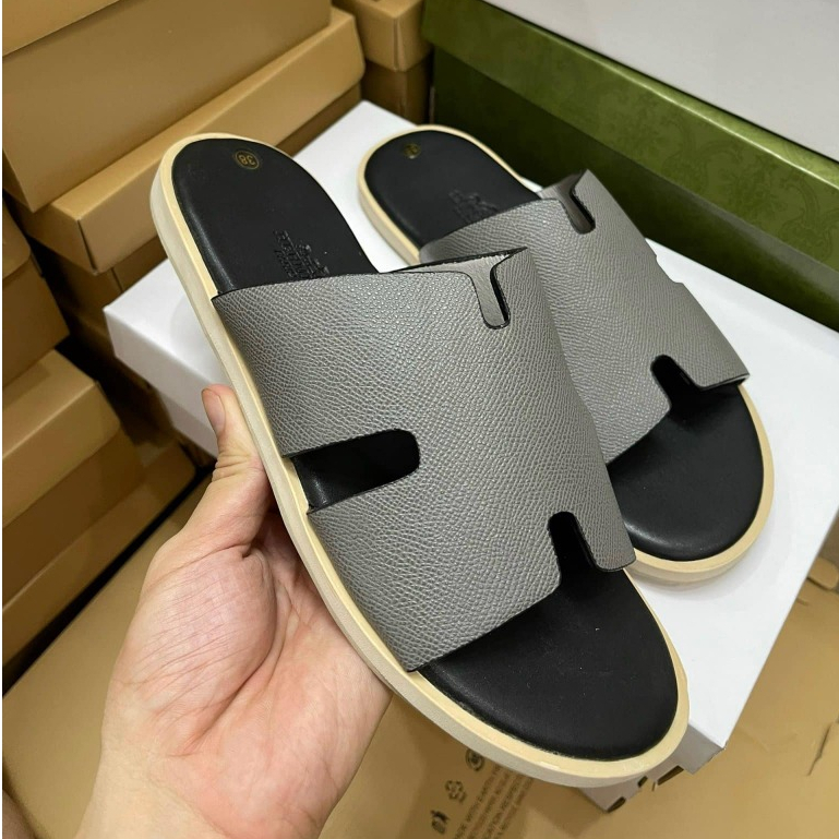 Dép lê quai ngang HM đế gỗ - dép da Hermes qai be đế xanh siêu hot_HOT2023