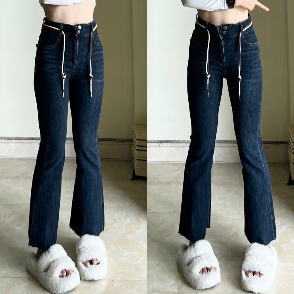 ( Chất Đẹp ) Quần jeans ống loe xanh đậm tua ống,Thêu nổi túi sau siêu xinh