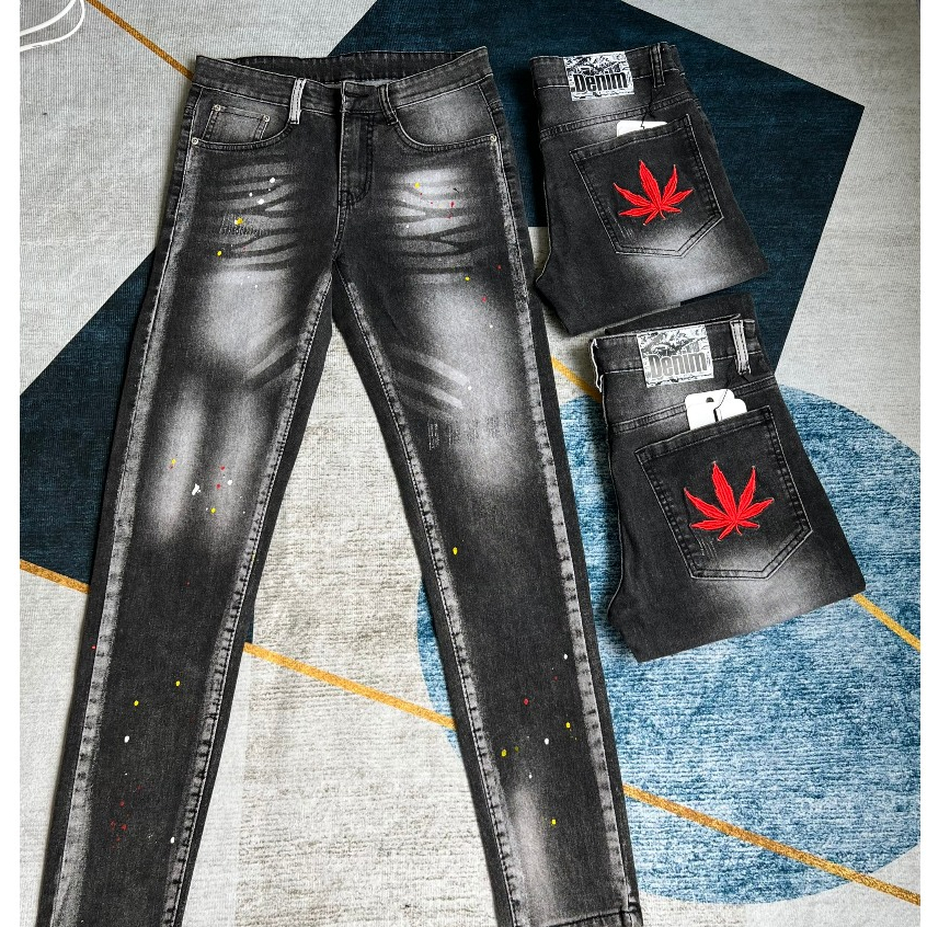 Quần bò jean nam dài xanh đen thêu LÁ PHONG ĐỎ may mắn đẹp,kiểu vẩy sơn cá tính thời gian chất co giãn tốt