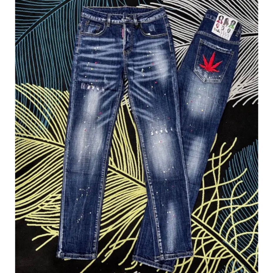 Quần bò jean nam dài xanh đen thêu LÁ PHONG ĐỎ may mắn đẹp,kiểu vẩy sơn cá tính thời gian chất co giãn tốt