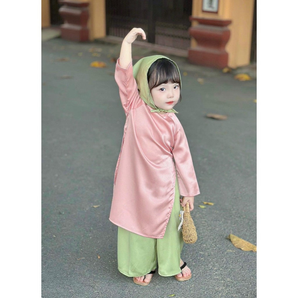 Áo Dài Lụa Hồng Phấn Cho Bé Gái, Áo Dài Cho Bé 8-25kg Phối Màu Xanh Hồng Kèm Khăn Cho Bé Mặc Tết, Đi Chơi
