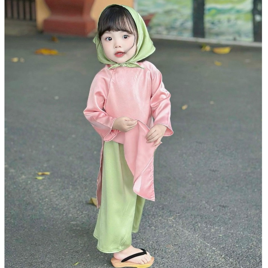 Áo Dài Lụa Hồng Phấn Cho Bé Gái, Áo Dài Cho Bé 8-25kg Phối Màu Xanh Hồng Kèm Khăn Cho Bé Mặc Tết, Đi Chơi