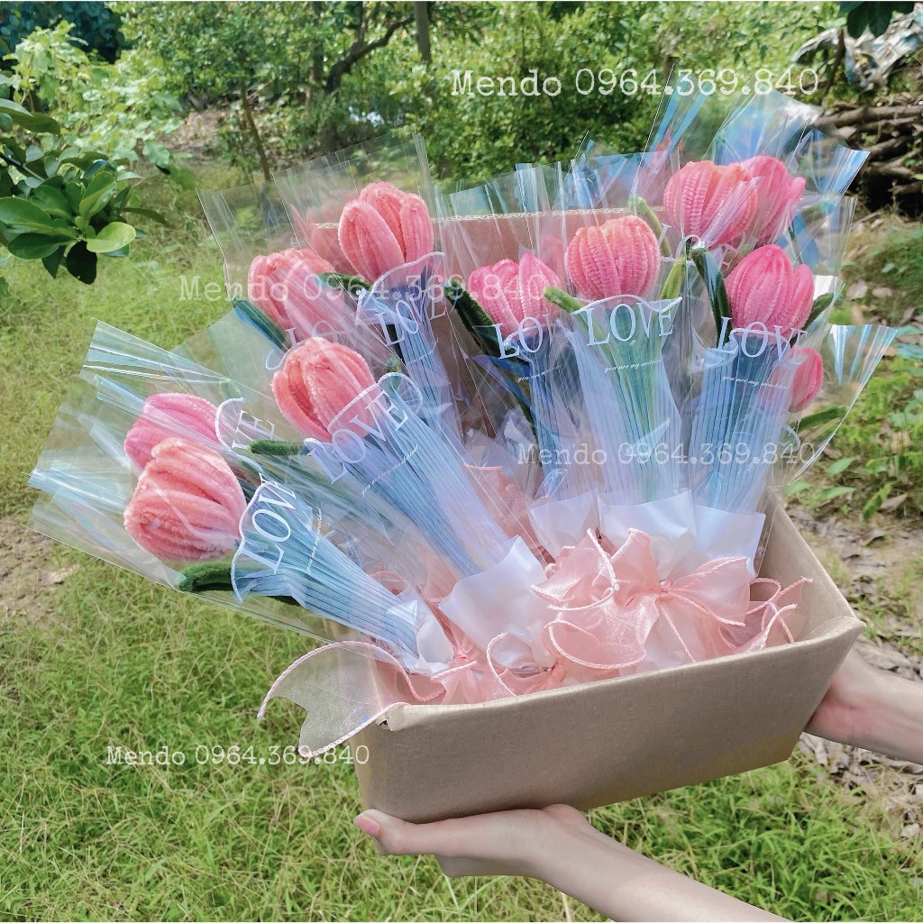 SET 10 Túi Đựng Hoa 1 Bông Trắng Chữ LOVE KT 44.5x12 - Một Chút Cute Store