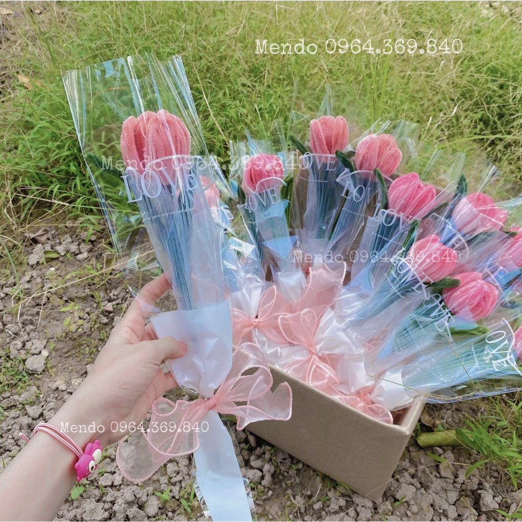 SET 10 Túi Đựng Hoa 1 Bông Trắng Chữ LOVE KT 44.5x12 - Một Chút Cute Store