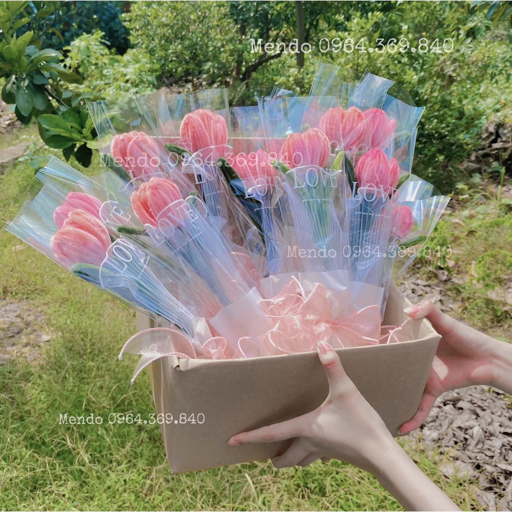 SET 10 Túi Đựng Hoa 1 Bông Trắng Chữ LOVE KT 44.5x12 - Một Chút Cute Store