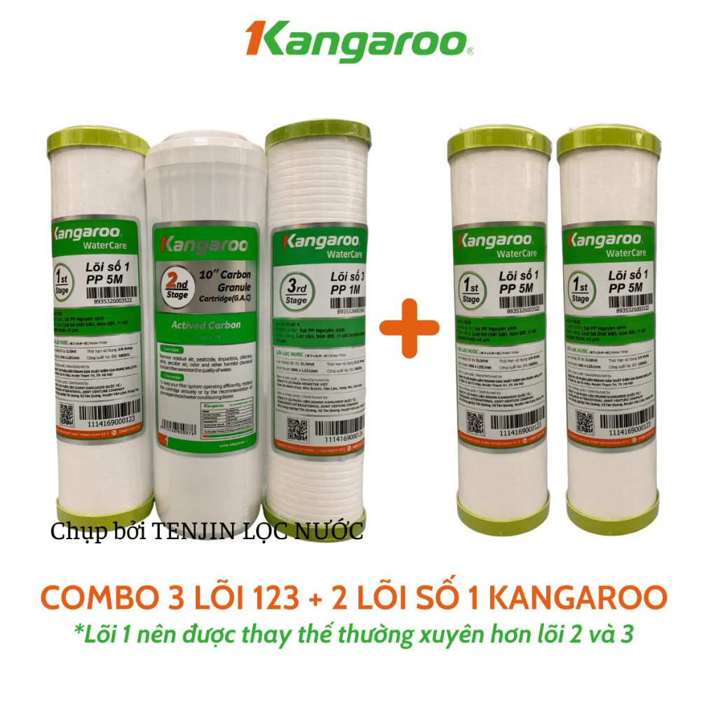 Combo 5 Lõi Lọc Thô KANGAROO Gồm 2 Lõi Số 1 + 1 Bộ 123 Chính Hãng Thay Thế Được Cho Các Máy Lọc Nước RO