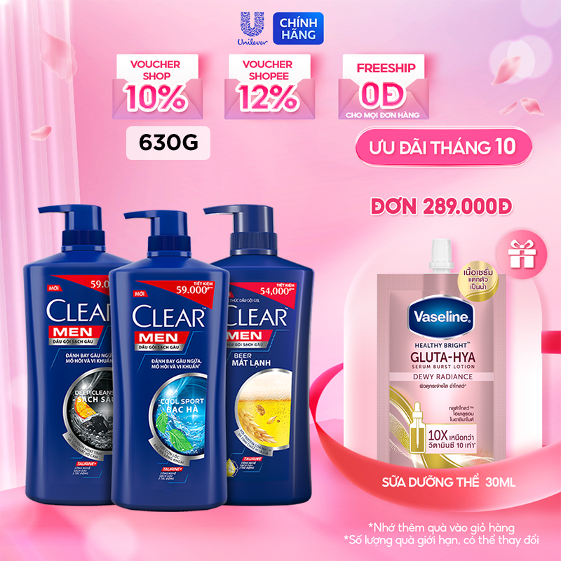 Dầu Gội Đầu cho nam Clear Men đánh bay gàu, ngứa và vi khuẩn mát lạnh cực đỉnh suốt ngày dài 630g