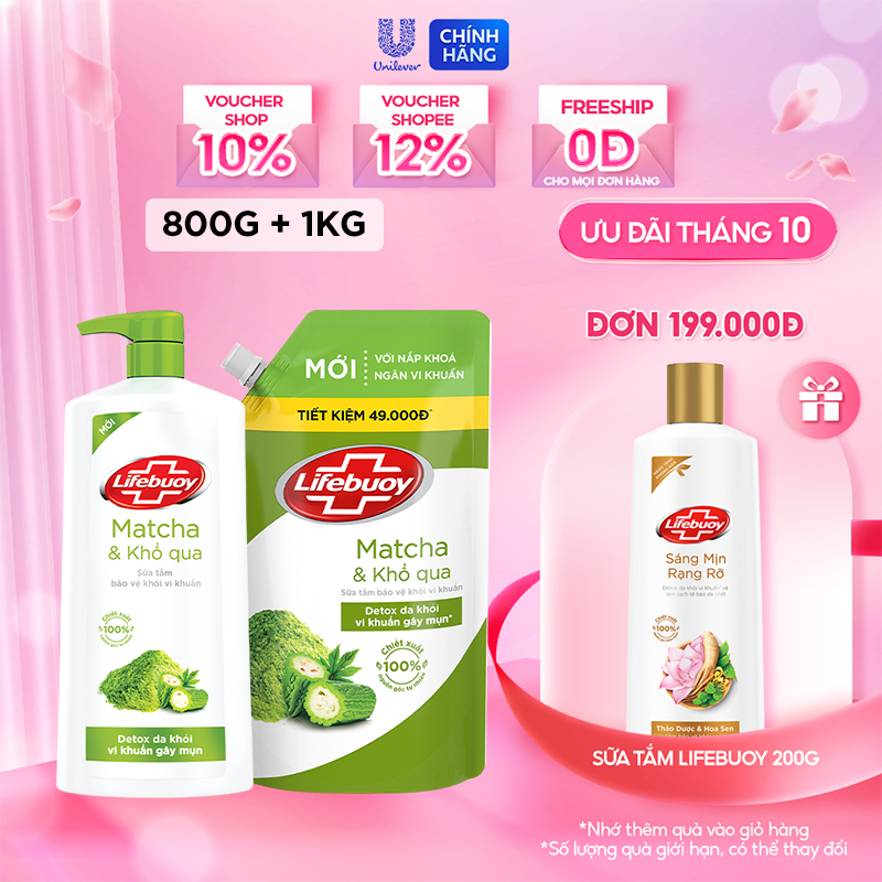 Combo 2 Sữa tắm Lifebuoy Detox Trà Xanh & Khổ qua 800g+1kg