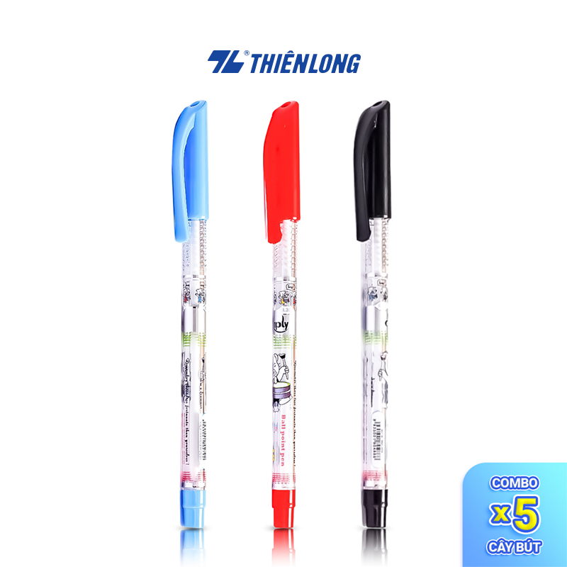 Combo 5 Bút bi Thiên Long TL-062 ngòi 0.38mm mực xanh/đỏ/đen có nắp đậy, đầu bi nhỏ tạo nét viết thanh mảnh