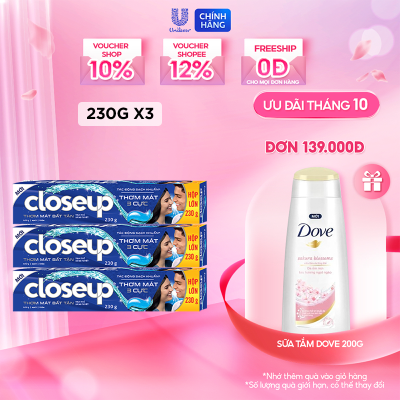 Combo 3 Kem Đánh Răng Closeup Gel Sạch Khuẩn Tinh Thể Băng Tuyết Cho Hơi Thở Thơm Mát Bất Tận 230G/Tuýp