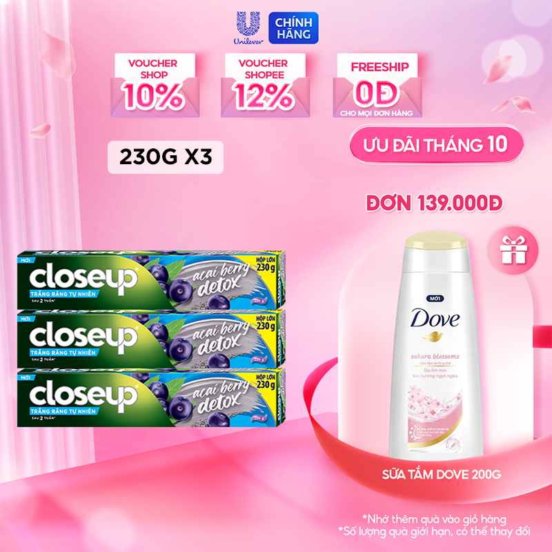 Combo 3 Kem Đánh Răng Closeup Trắng Răng Tự Nhiên X2.5 Lần Với Khoáng Đất Sét Và Acai Berry 230G/Tuýp