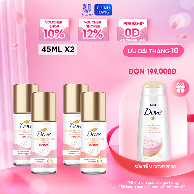 Combo 2 Lăn khử mùi tinh chất serum cao cấp Dove với 3% Niacinamide dưỡng da sáng mịn đều màu 45ml không khác lăn nách