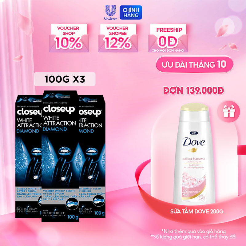 Combo 3 Kem Đánh Răng Closeup Dạng Gel Trắng Răng Diamond Attraction Ngay Sau 1 Lần Chải 100G/Tuýp