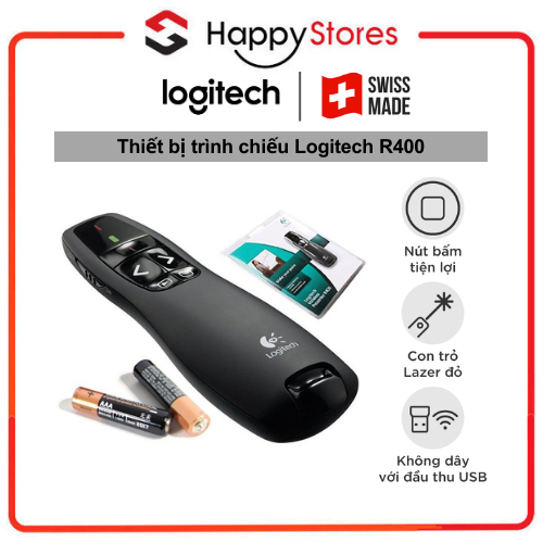 Bút trình chiếu từ xa Logitech R400 - Không dây USB 15m, nút bấm tiện lợi thương hiệu từ Thụy Sĩ - Hàng chính hãng