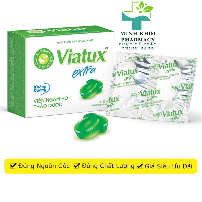 Viên Ngậm Ho Thảo Mộc Viatux Extra Hộp 20v -Hỗ trợ Giảm Đau Rát Họng, Long Đờm
