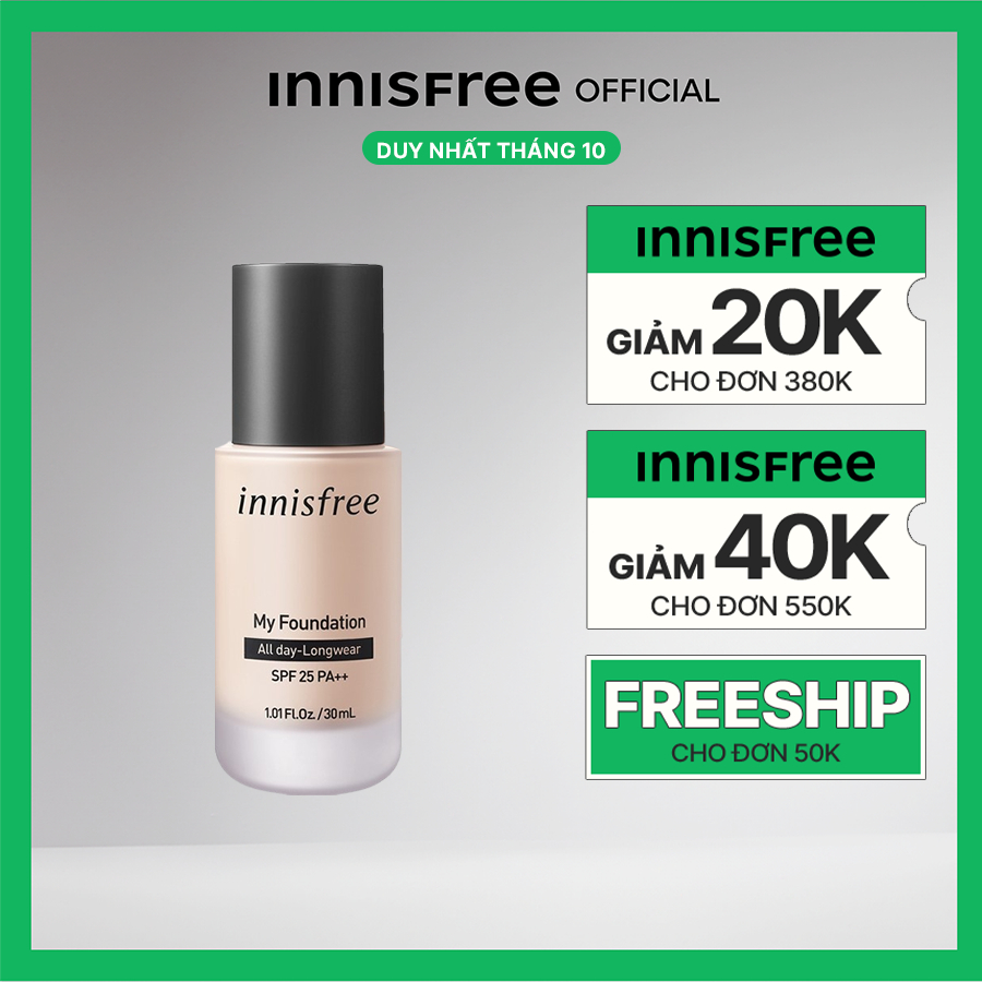 [Mã COSIF10 giảm 10% đơn 400K] Kem nền trang điểm lâu trôi innisfree My Foundation All day Longwear SPF25 PA++ 30 mL