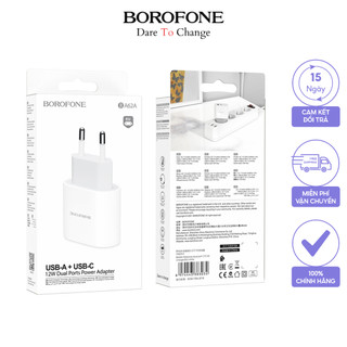 Củ sạc borofone ba62a chính hãng có 1 cổng type c 1 cổng usb-a bảo hành 12 tháng