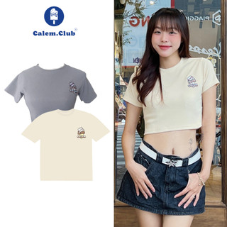 Calem Club - Áo nữ Croptop thun gân thêu CAT tay ngắn form ôm body