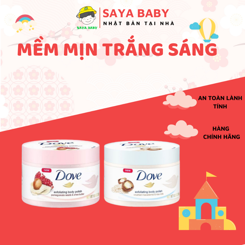 Tẩy da chết, tế bào chết Dove body toàn thân bản Đức, ttbc xanh macca, lựu đỏ mềm mịn trắng da mờ thâm