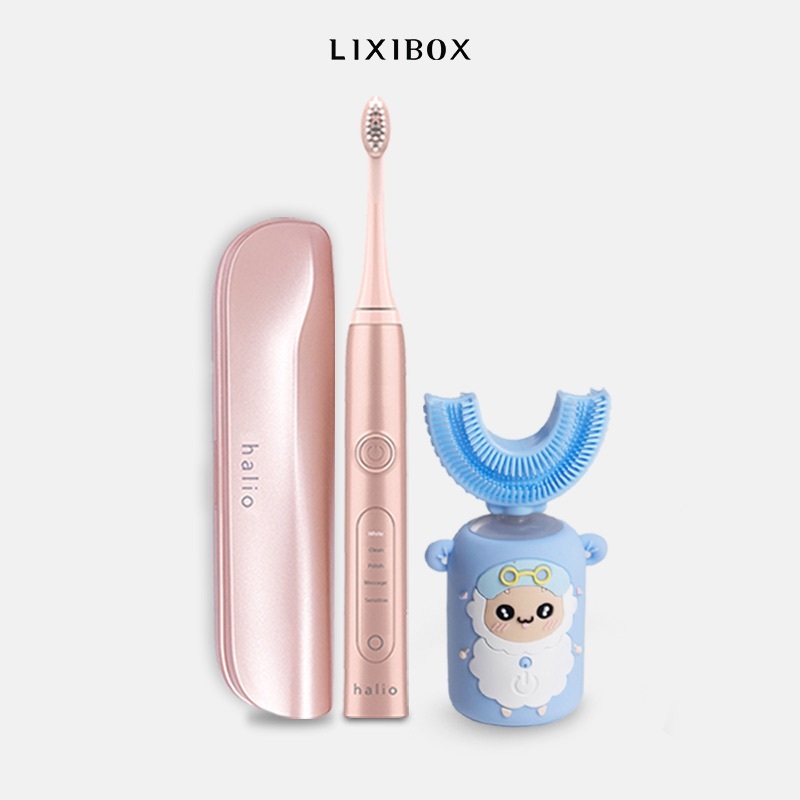 Combo Bàn Chải Điện Chữ U Cho Bé Blue và Bàn chải điện Halio Sonic Whitening Toothbrush Pro Màu Rose Gold