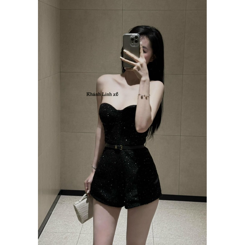 Jumsuits dạ kim sa đá biling kèm đai dạo phố siêu sang