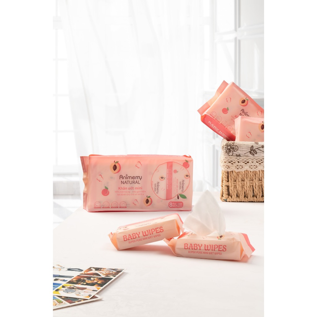 Túi 8 gói 64 Khăn ướt Cầu vồng Xinmier/ Animery/ Baihou chính hãng