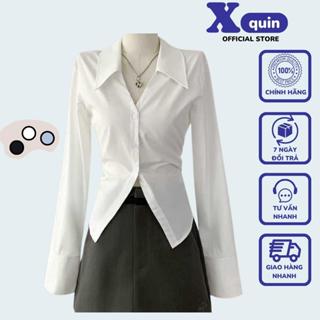 Áo sơ mi nữ tay dài thiết kế cổ V ôm dáng thon gọn Xquin, Áo sơ mi nữ tay loe cài nút phong cách Hàn Quốc