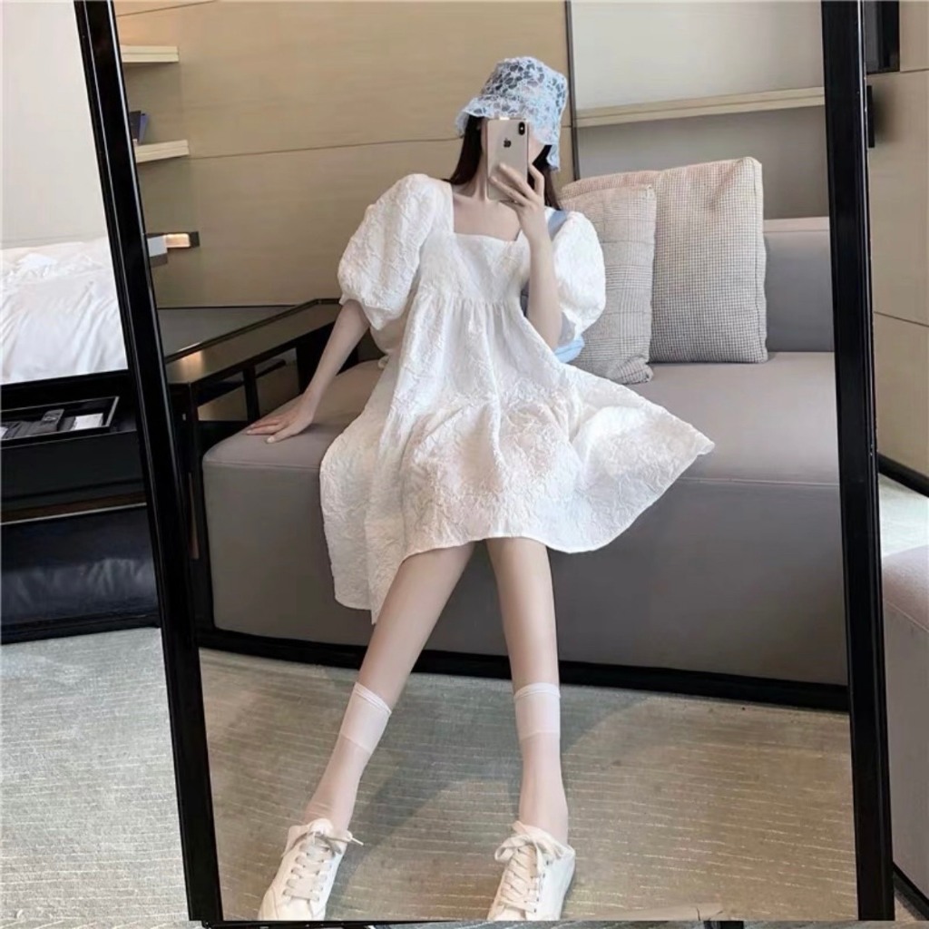 Váy nữ dự tiệc - Đầm babydoll 2 dây dáng xòe công chúa màu xanh đính nơ xếp tầng lolita chất voan tơ có đệm ngực hànquốc