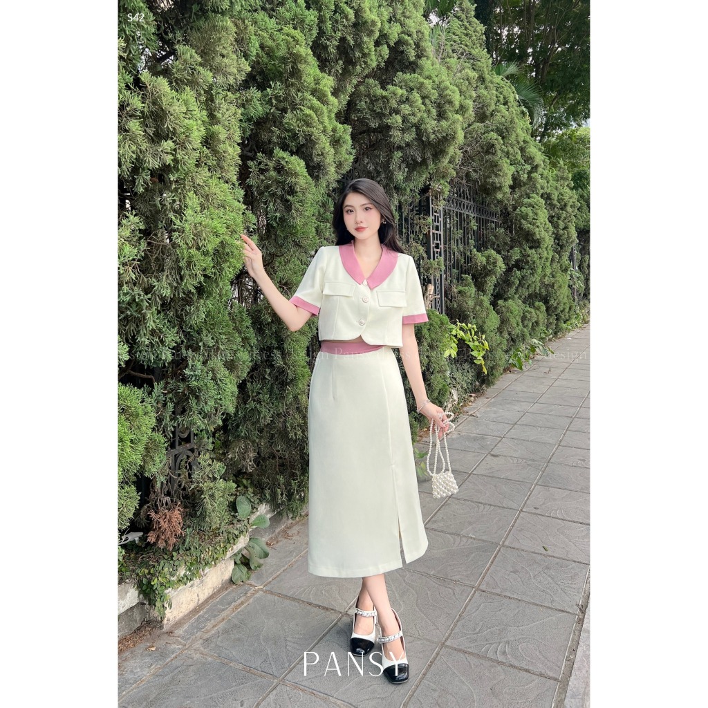 Set công sở thanh lịch trẻ trung sang trọng chân váy dáng dài và áo crop - Rachel set - S42 - Pansy