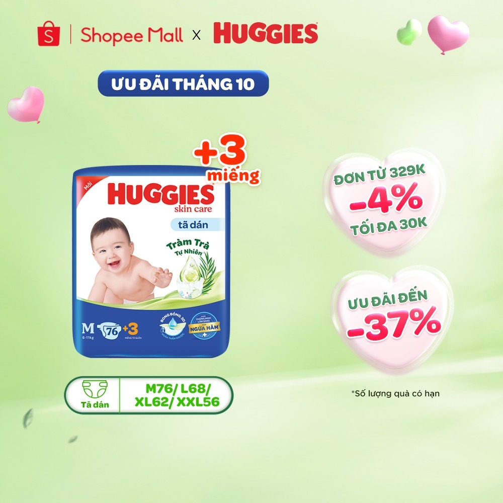 Tã/bỉm dán Huggies Skincare Super Jumbo M76/L68/XL60/XXL54 [Tặng 3M tã quần cho size M76]