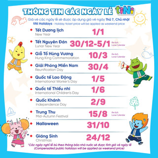 Vé cổng điện tử tiNiWorld EXPRESS CUỐI TUẦN/LỄ áp dụng tại các TT tiNiWorld có giá vé vào cổng 150.000 VNĐ