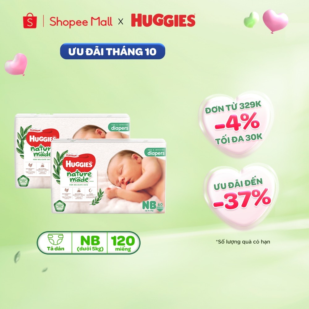 Combo 2 Tã/Bỉm dán sơ sinh Huggies Platinum NatureMade NB60 (dưới 5kg)-Gói Jumbo 60 miếng