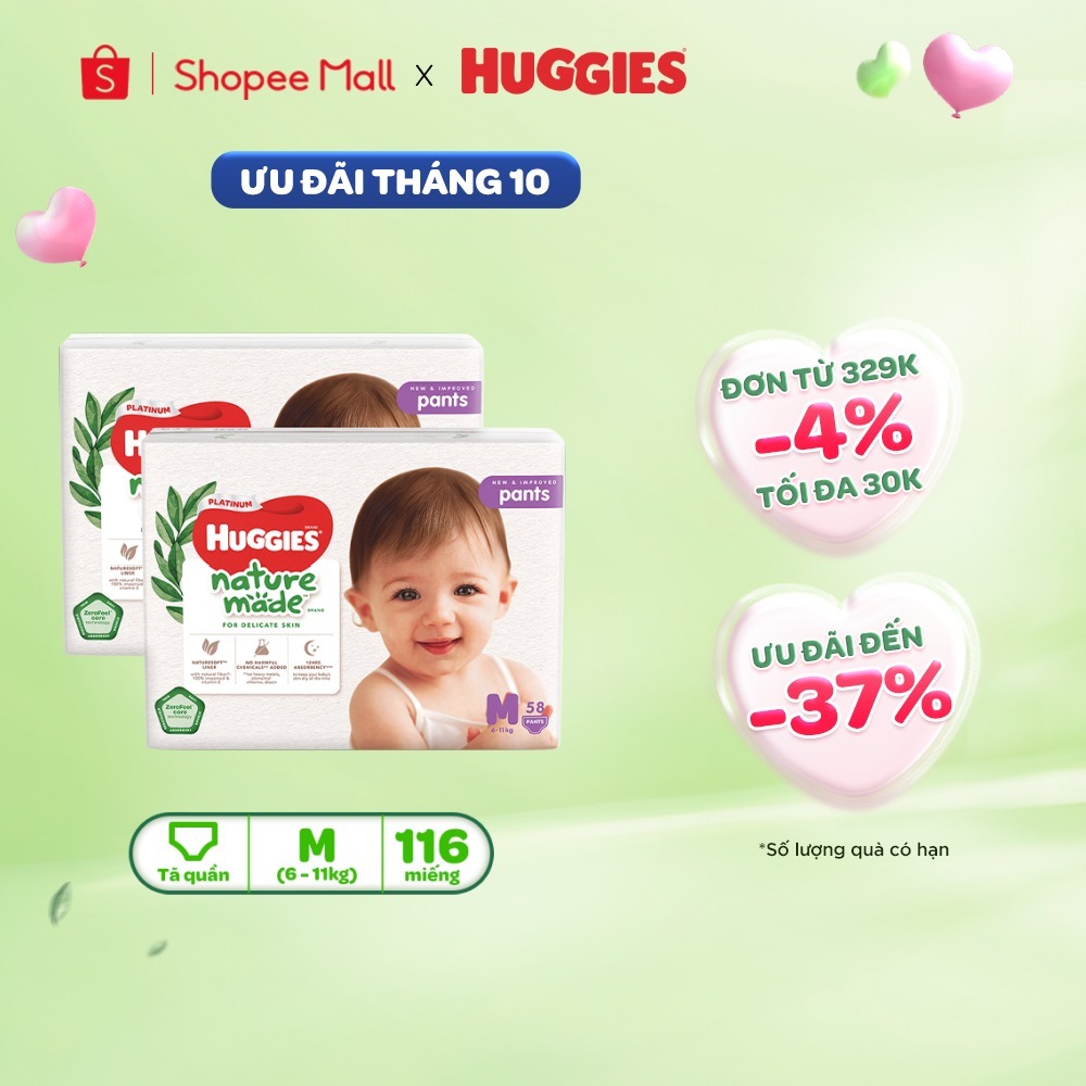 Combo 2 Tã/Bỉm quần Huggies Platinum NatureMade M58/L44/XL38/XXL26