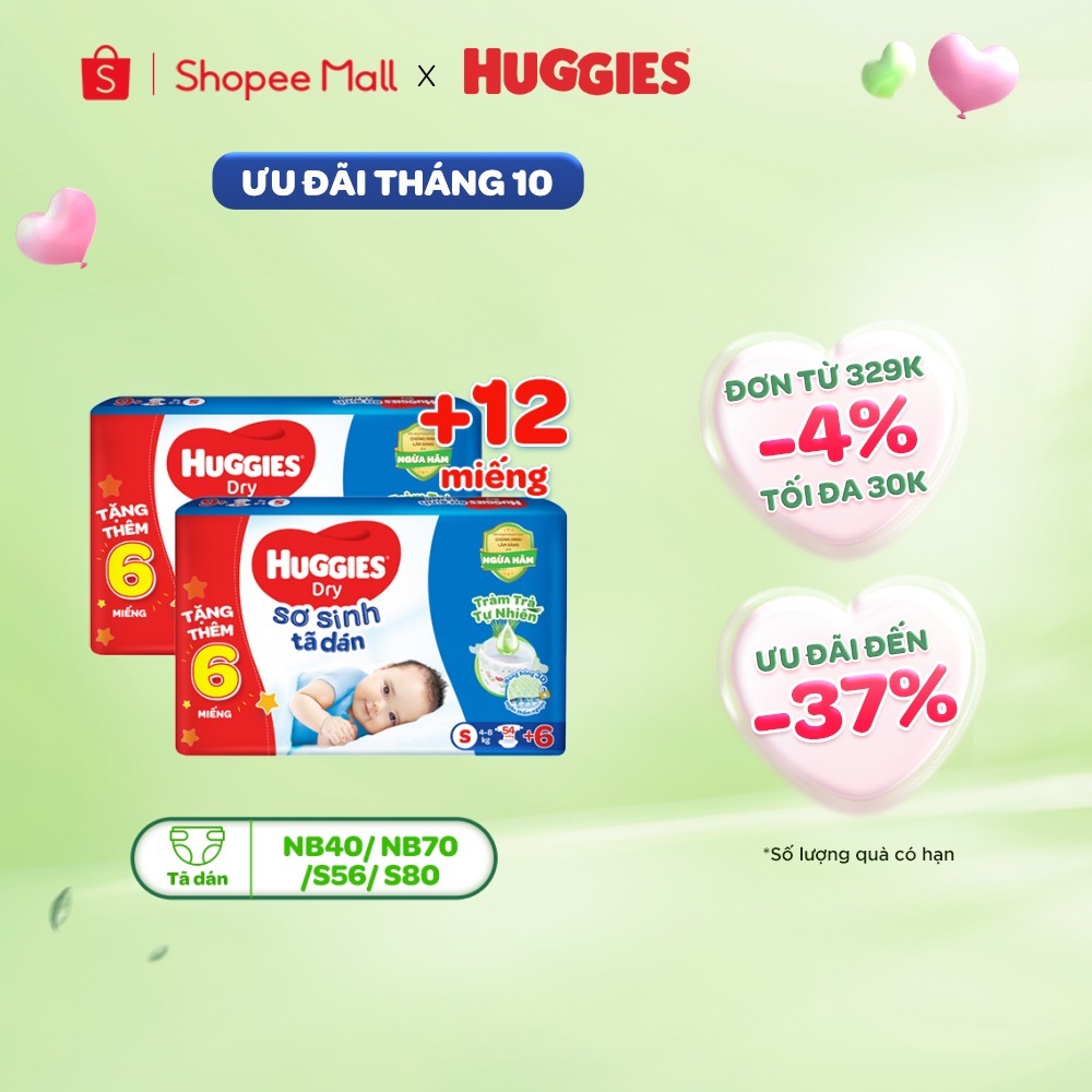 [Tặng 4 miếng cho size S80] Combo 2 Tã dán sơ sinh Tràm Trà Tự Nhiên Huggies NB40/NB70/S54/S80