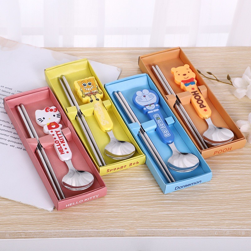 BỘ MUỖNG ĐŨA INOX ĂN DẶM CHO EM BÉ, THÌA ĐŨA HOẠT HÌNH CHO TRẺ EM DỂ THƯƠNG