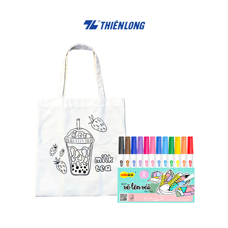 Combo túi vải Canvas tự trang trí theo sở thích và Bộ 12 màu bút vẽ lên vải, Túi tote DIY in hình chưa tô màu cho bé