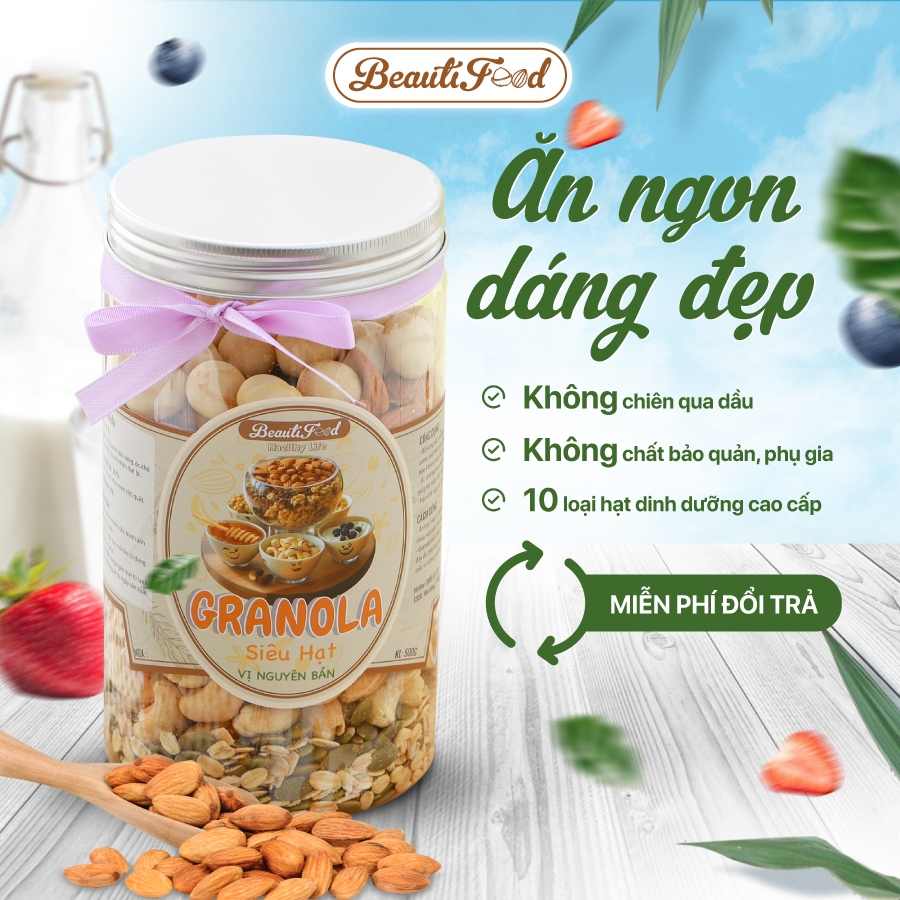 Granola ăn kiêng không yến mạch, ngũ cốc giảm cân mix 10 loại hạt có Macca nhiều hương vị Phương Beautifood