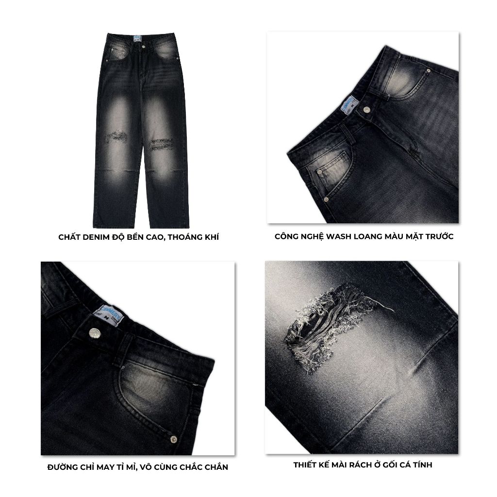 Quần Jeans CEMMERY Local Brand Ripped Black, quần form rộng unisex nam nữ