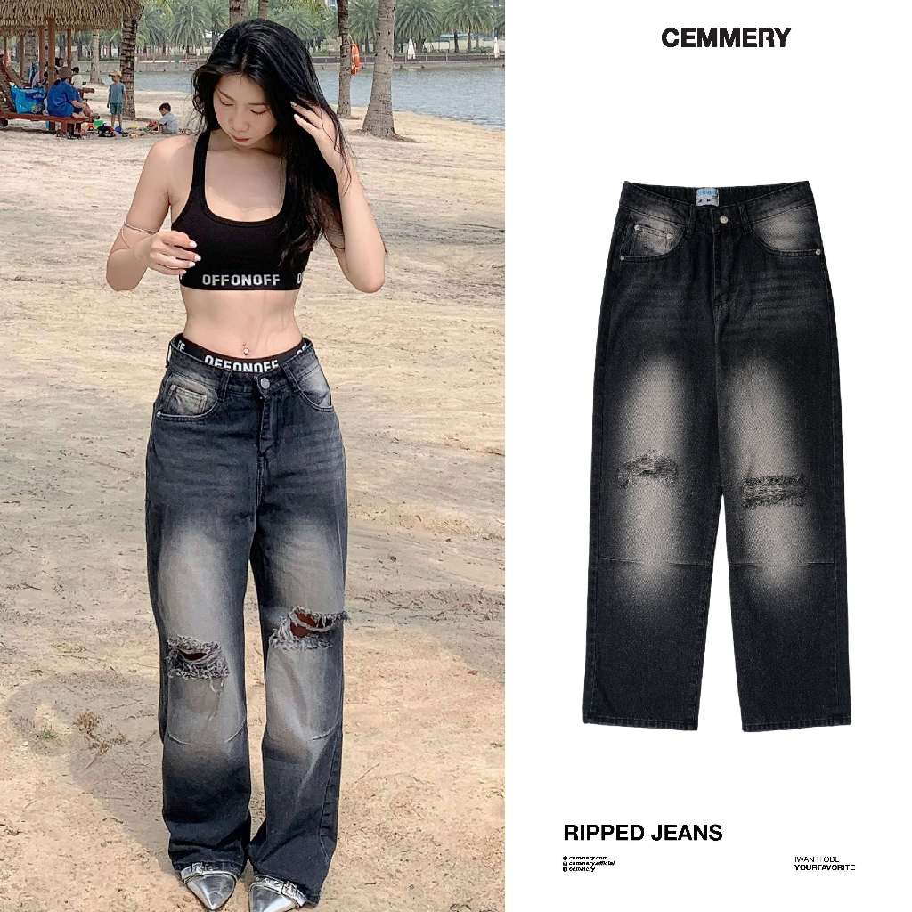 Quần Jeans CEMMERY Local Brand Ripped Black, quần form rộng unisex nam nữ