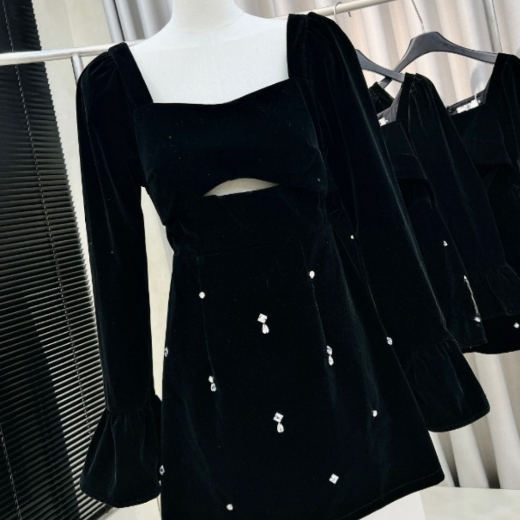 Váy nữ kiểu DEMAY, đính đá trẻ trung dễ mặc